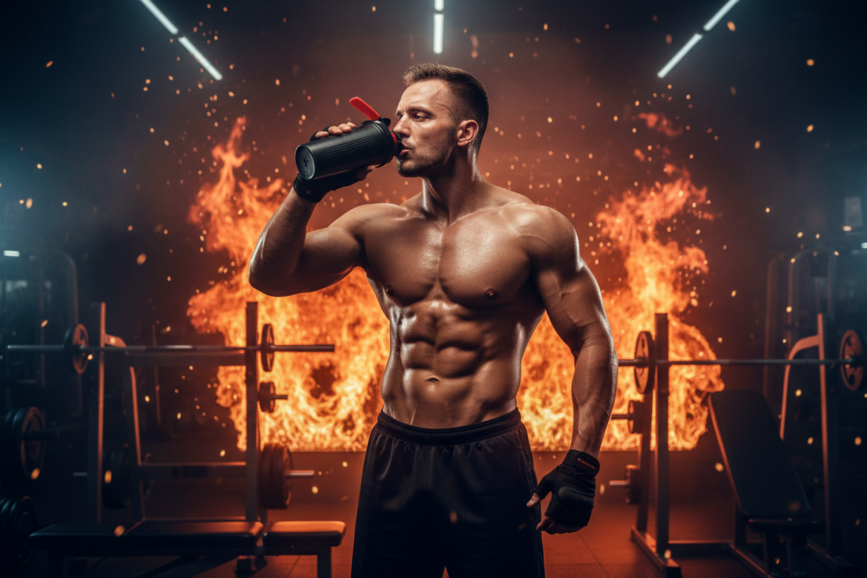 man drinking in gym with fire in background