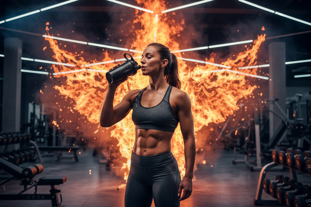 woman drinking in gym with fire in background